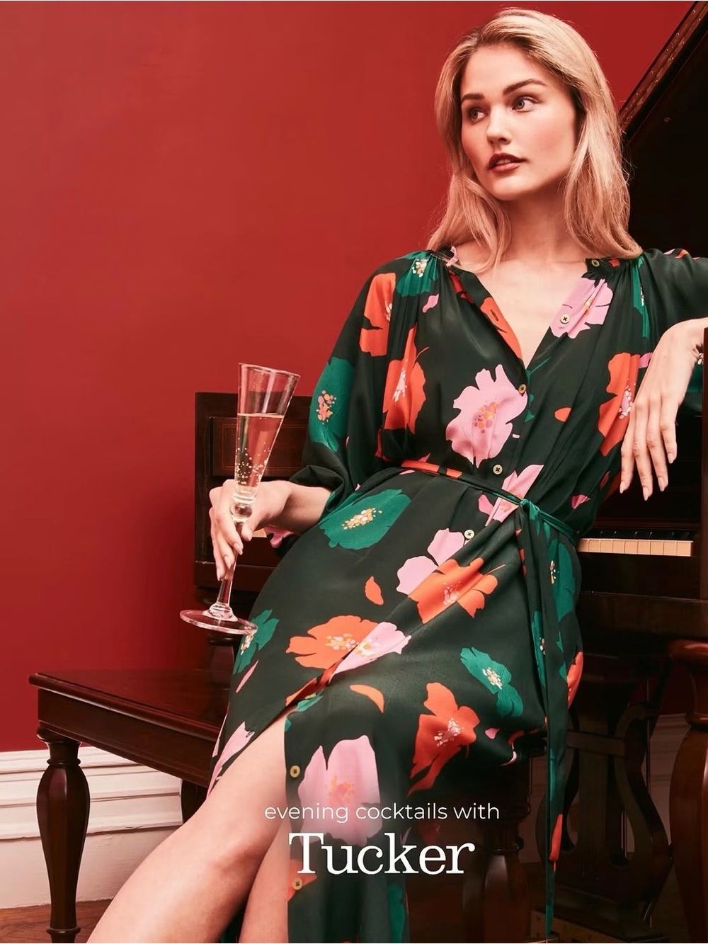 Tucker The Classic Dress - Evergreen Poppies in silk crepe de chine